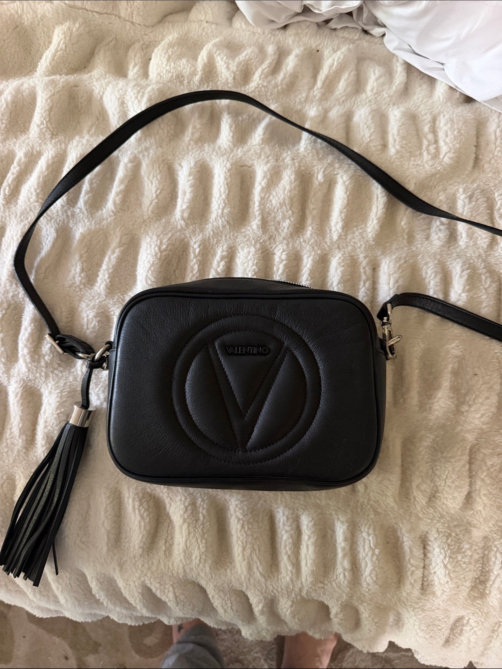 Valentino Black Leather V-Logo Crossbody with Tassel